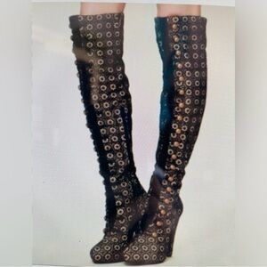 Jeffrey Campbell for Free People Crochet Battalion Knee High Healed boots sz 7.5